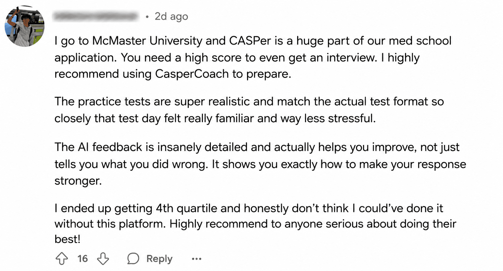 McMaster applicant recommending CasperCoach after earning fourth quartile
