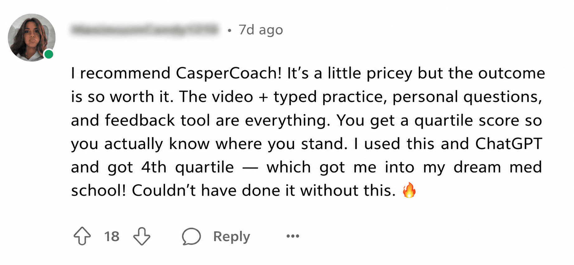 Applicant recommending CasperCoach after reaching fourth quartile and entering medical school