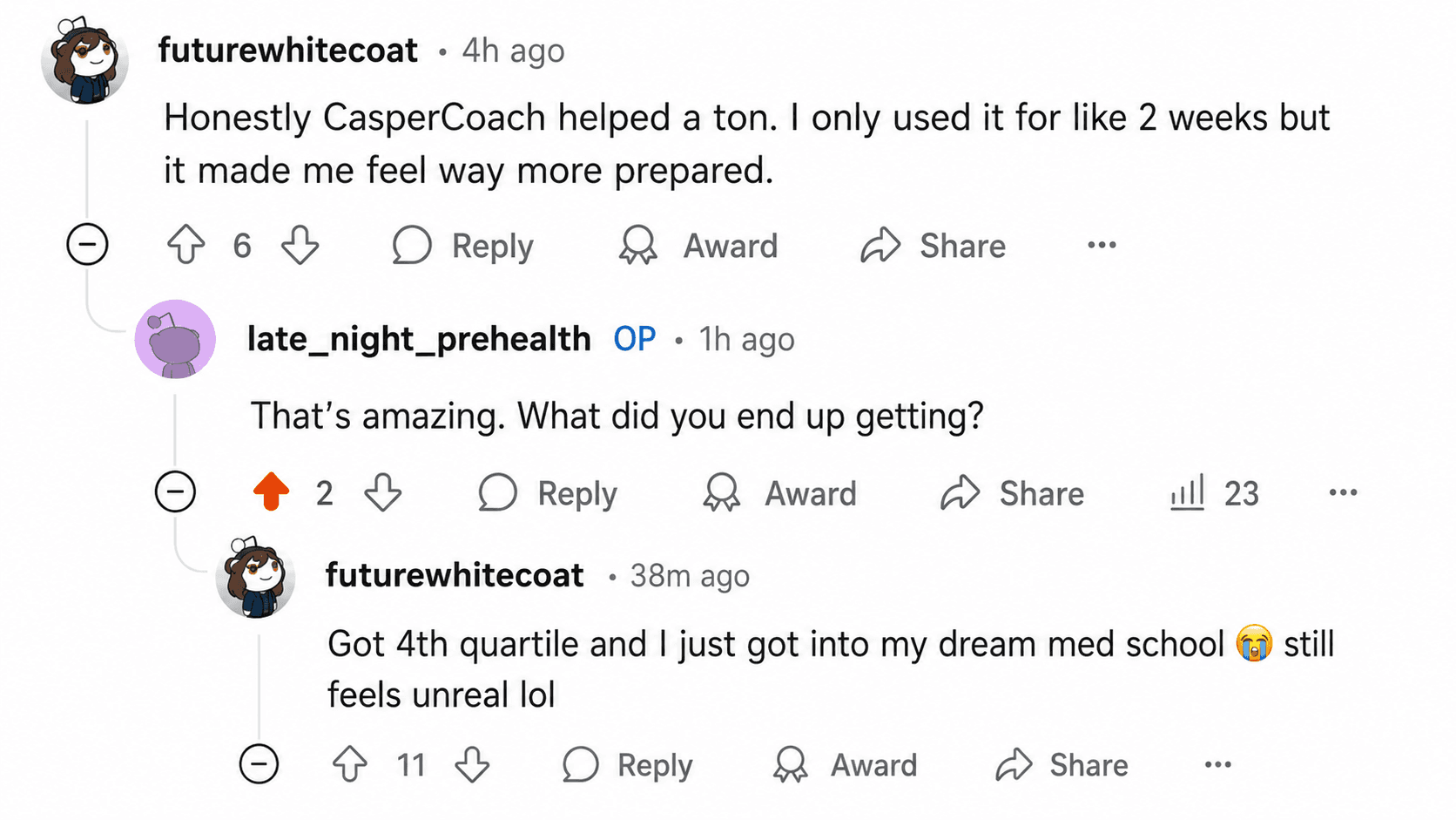 Reddit thread from a CasperCoach user who reached fourth quartile and entered their dream medical school